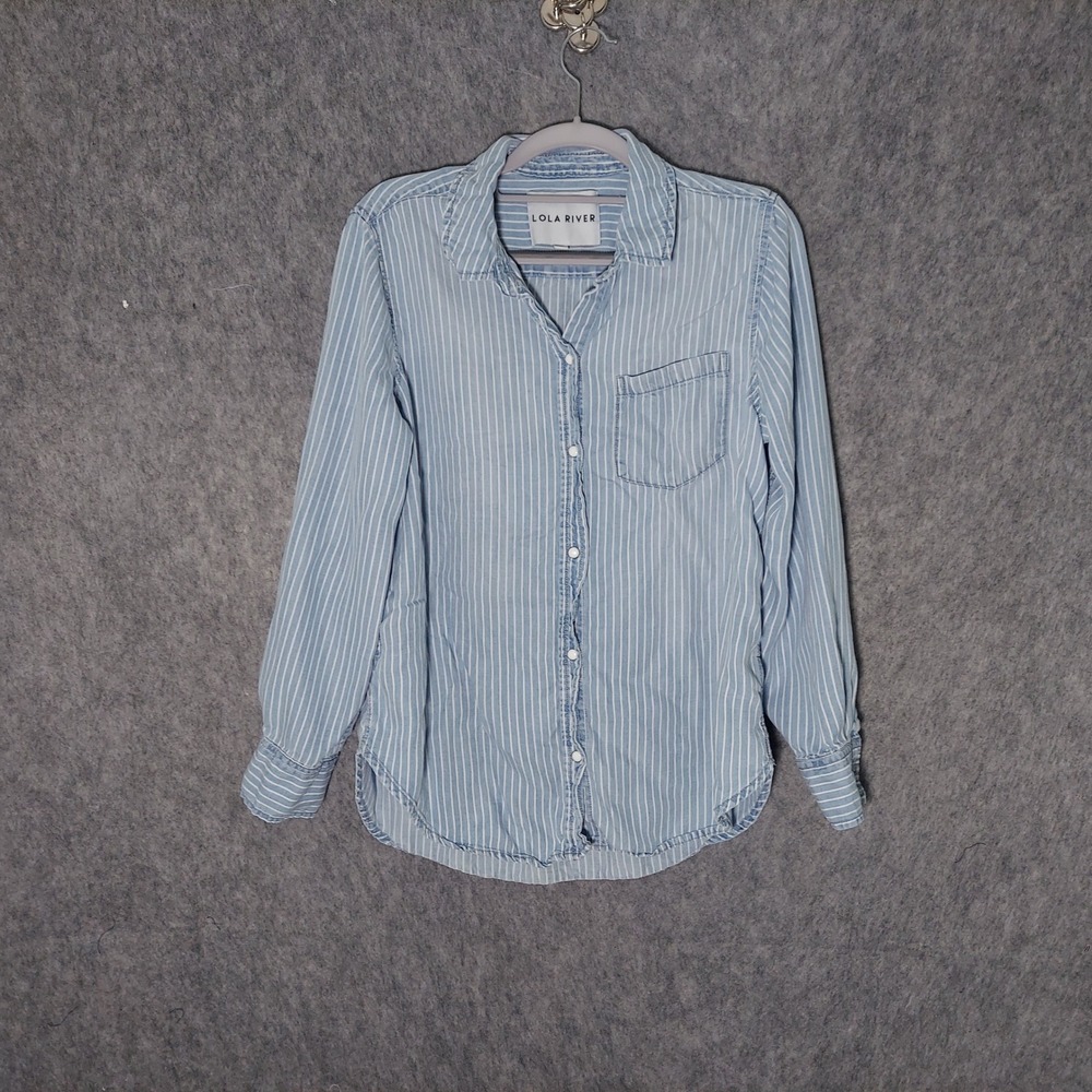 Lola River Button Down Shirt M Blue White Striped Lyocell Coastal Long Sleeve